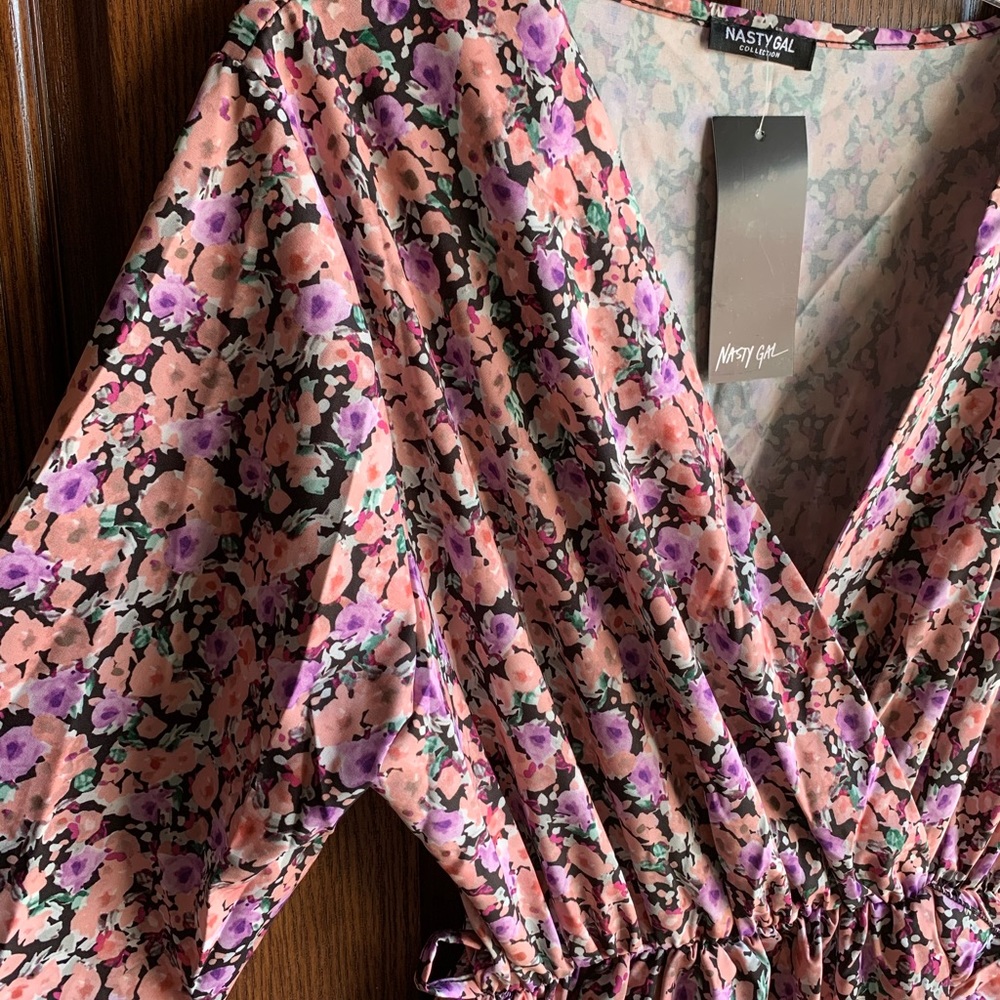 NWT Nasty Gal pink floral frilly faux wrap dress - Picture 4 of 16